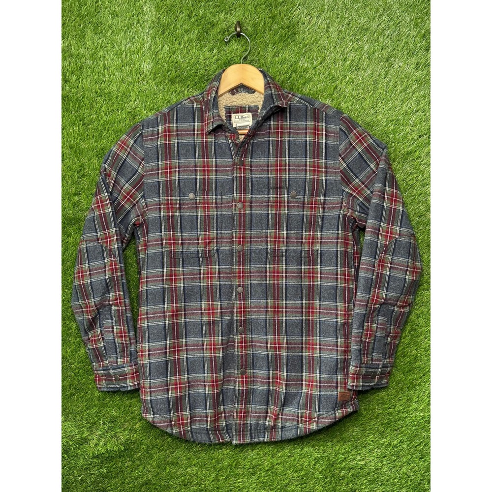 LL Bean Mens Sherpa Lined Flannel Shirt Jacket Plaid Blue Red 505647 Small Reg